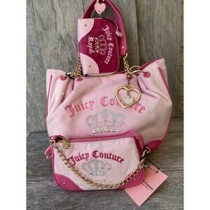 Juicy Couture Juicy Kingdom Pink Velour 3-Piece Embroidered Tote Set